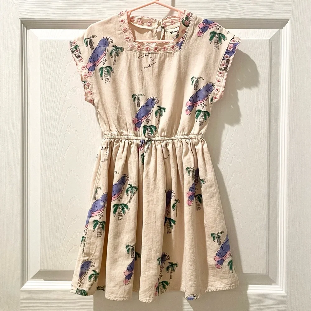 Wander & Wonder Cream Parrot Print  Girls Dress